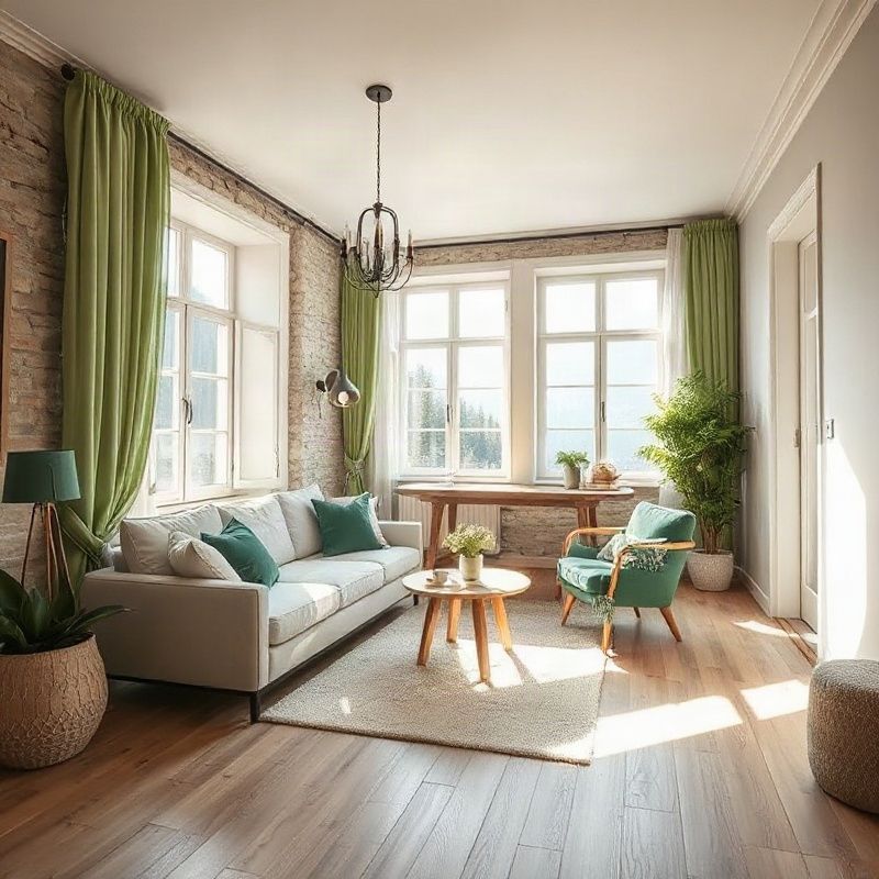 Luminous Slovenian apartment interior with emerald accents and timber floors