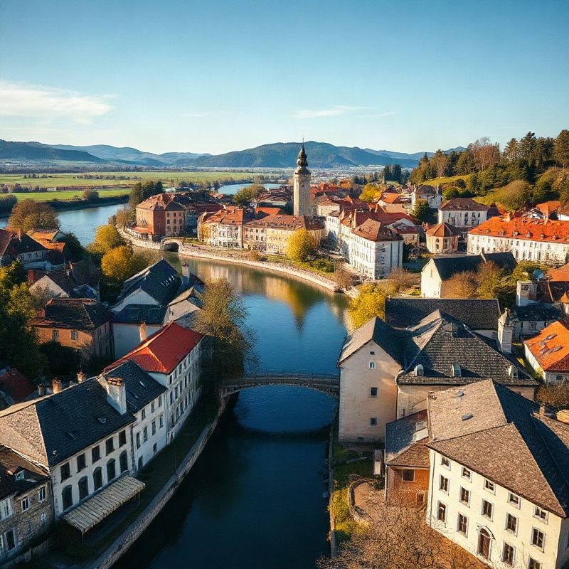 Aerial view of Ptuj city centre along the Drava river