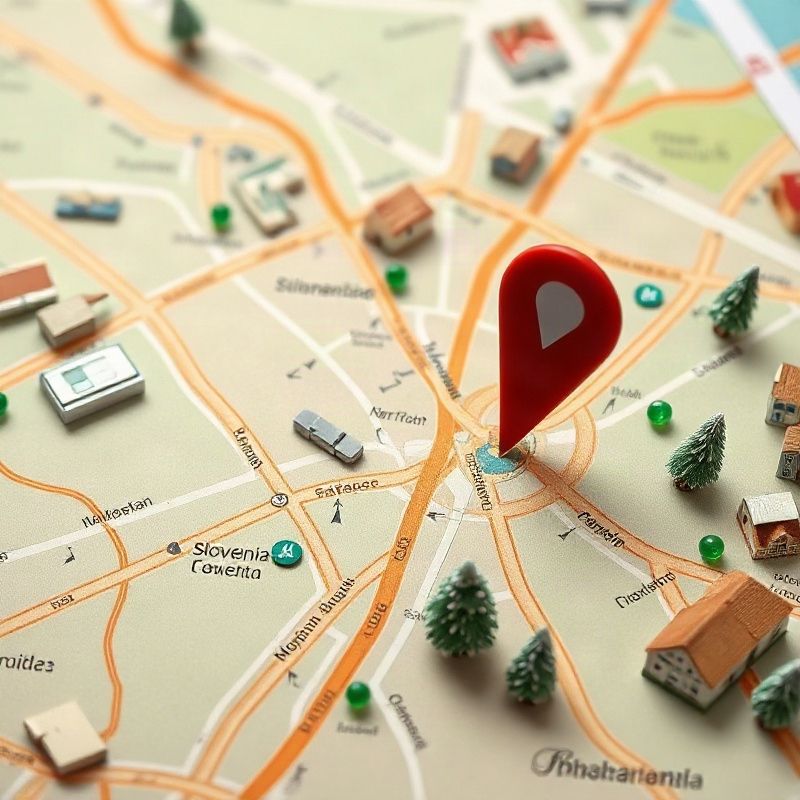 Styled map detail of central Ptuj with a location pin
